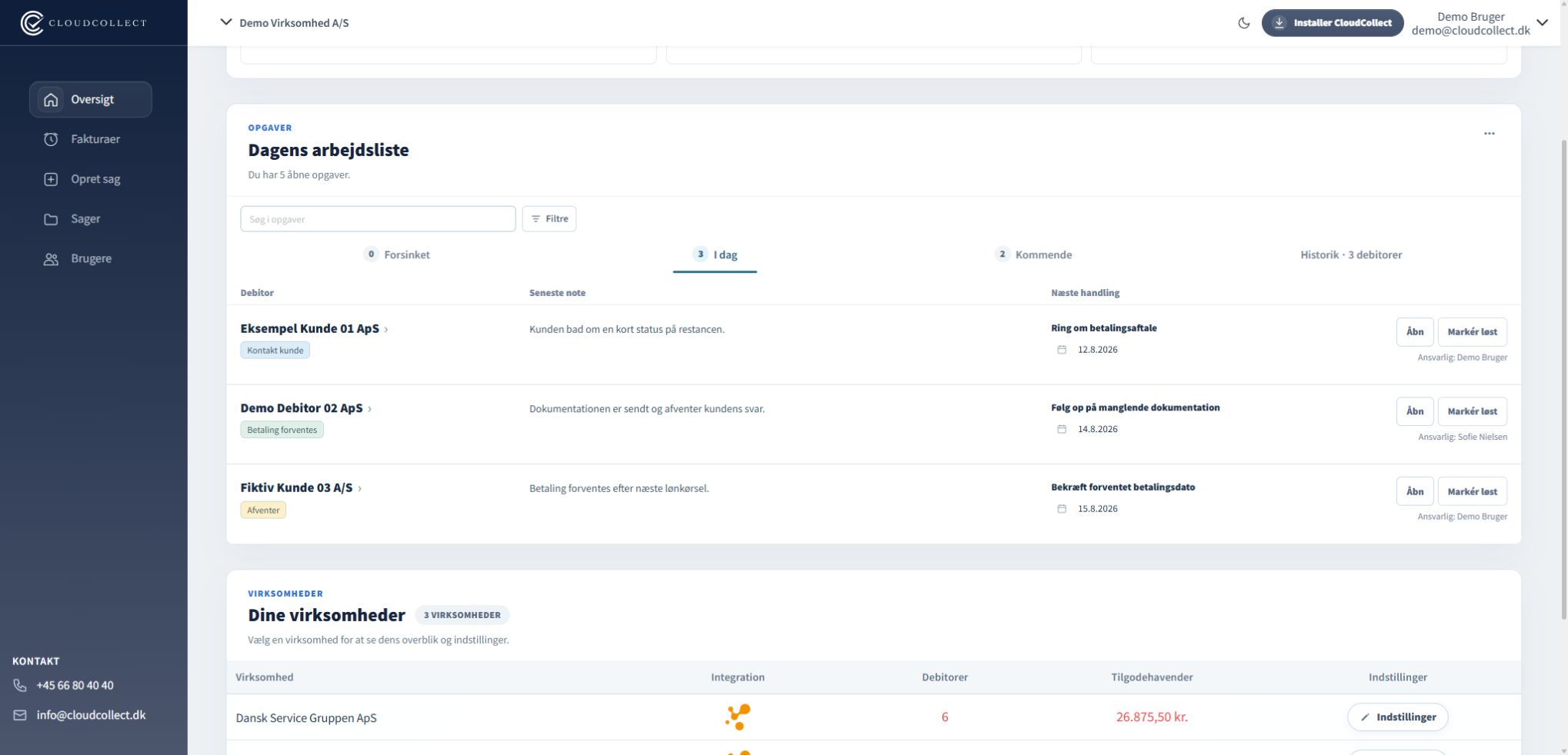 CloudCollects nye arbejdsliste med anonymiserede demodata