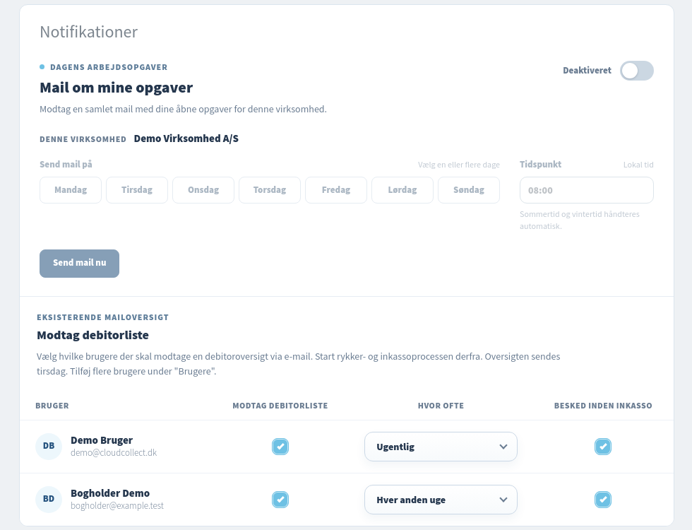Notifikationsindstillinger for personlige opgavemails